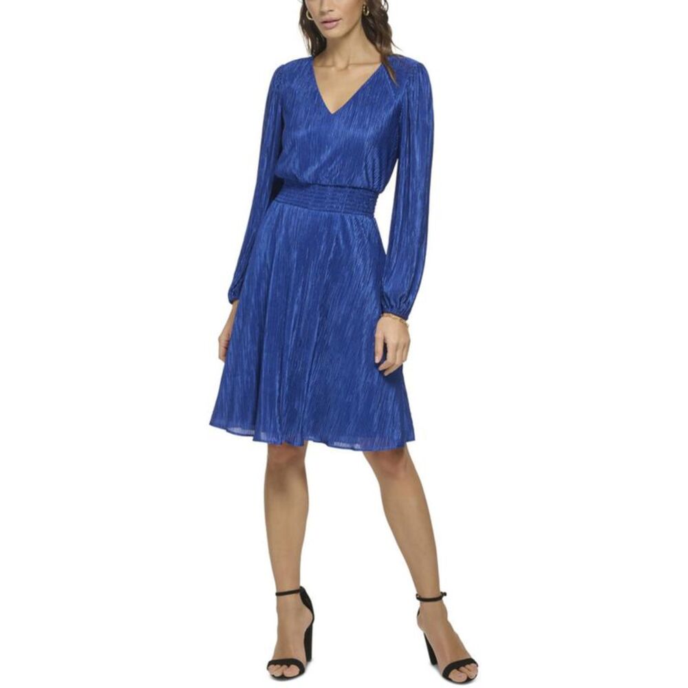KENSIE DRESSES Womens Blue Lined Waist Long Sleeve Fit + Flare Dress 2